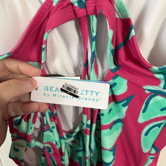 Pink and Green Leaf Print Swimsuit - Picture 3 of 4